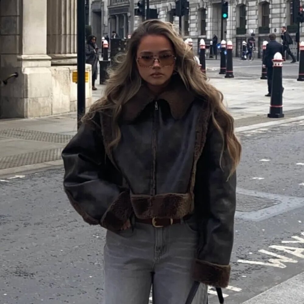 NWT CIDER Faux Shearling Collar Solid Zipper Jacket in Coffee Brown Medium $78